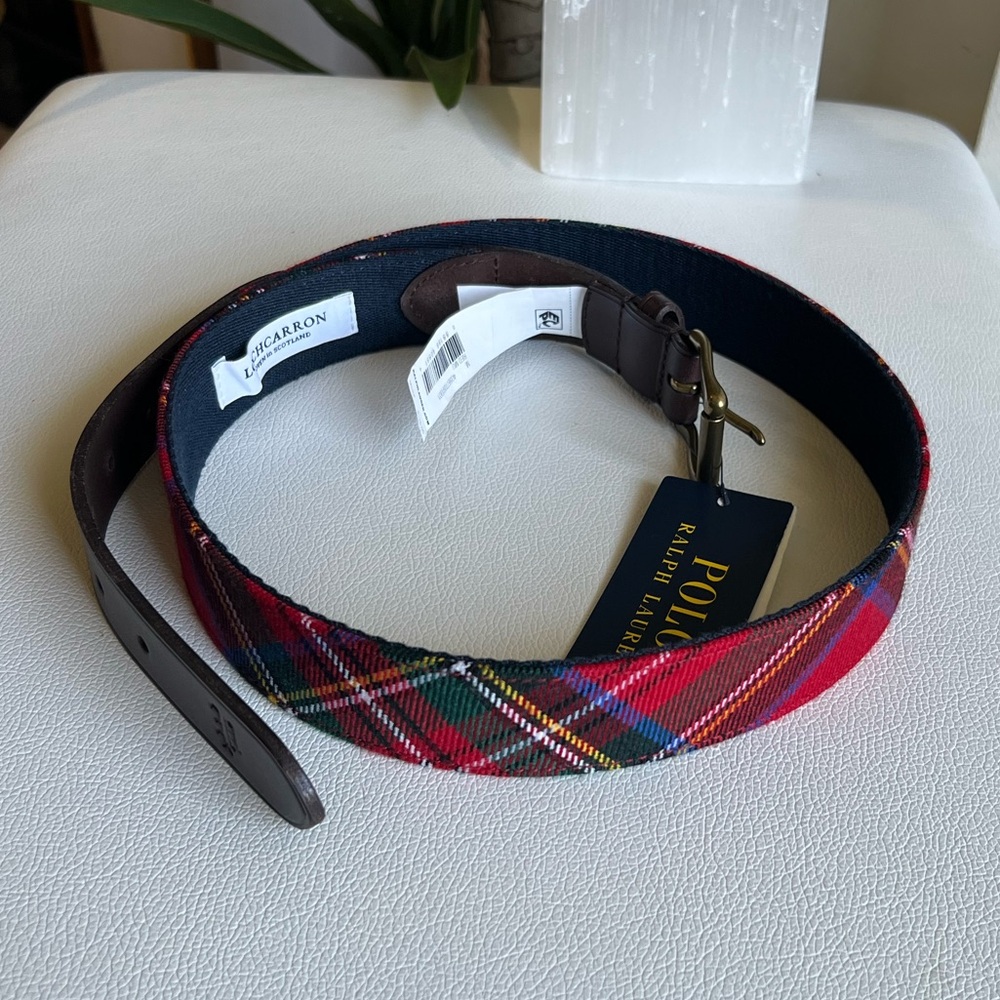 POLO RALPH LAUREN Men’s Leather-Trim Tartan Belt Size M